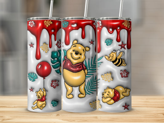 Winnie the Pooh, Piglet, and Bee on tumblers with floral and balloon accents.