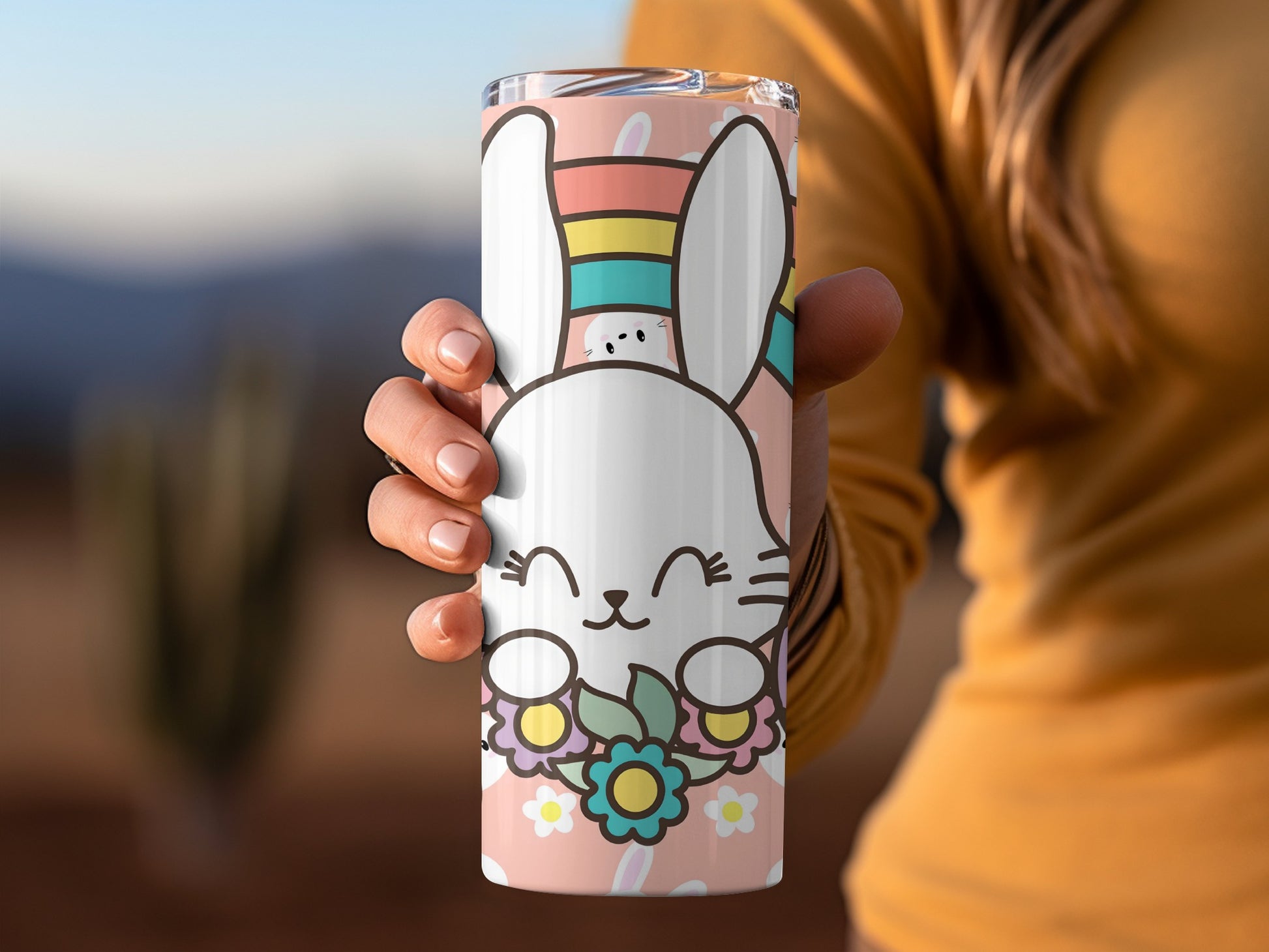 Cute Bunny with Rainbow and Flowers Design Tumbler