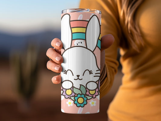 Cute Bunny with Rainbow and Flowers Design Tumbler
