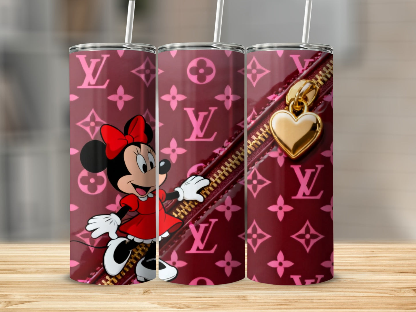 Minnie Mouse on pink monogram background with gold zipper and heart charm.