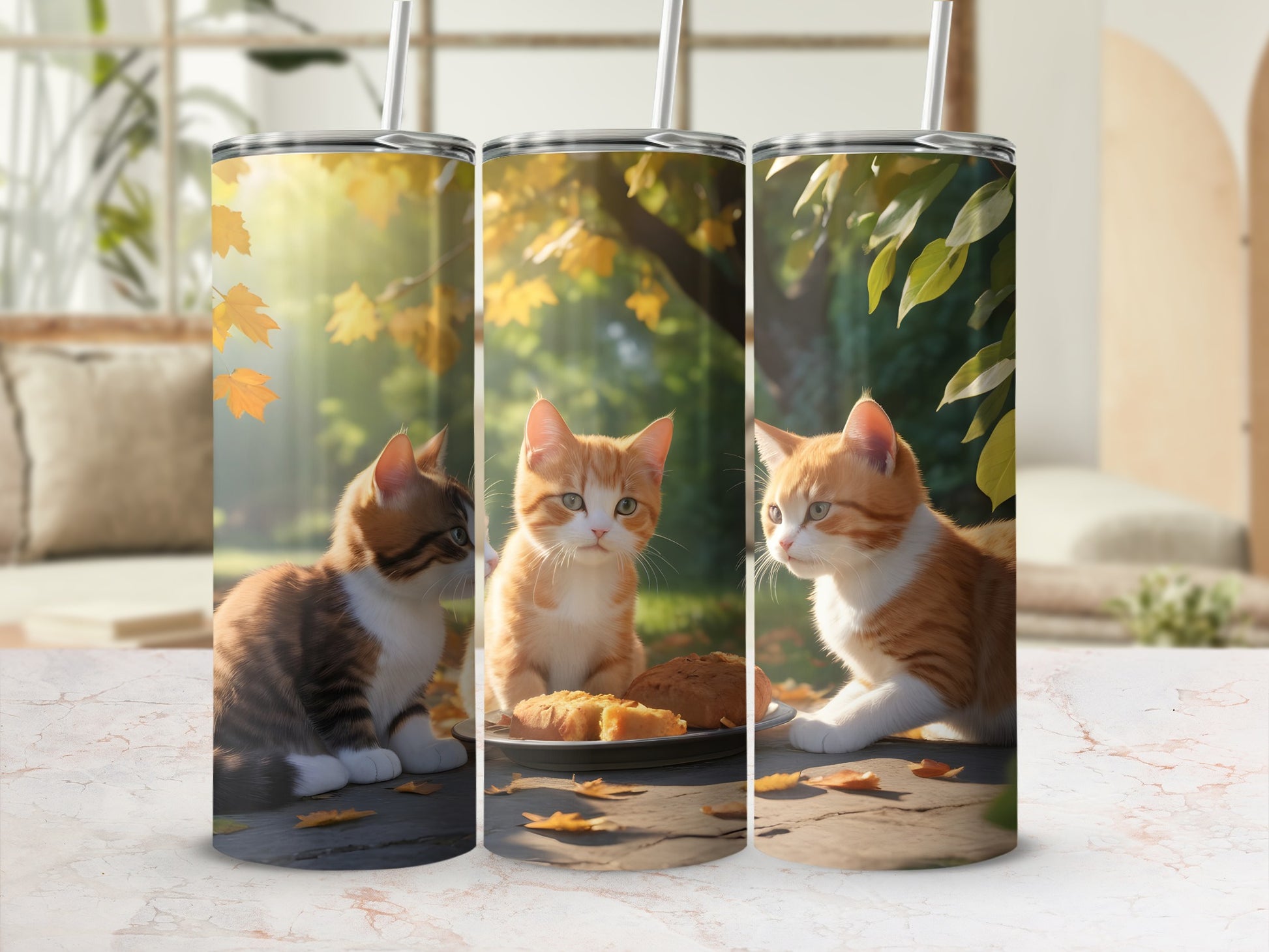 Three adorable kittens sitting with treats outdoors during autumn.