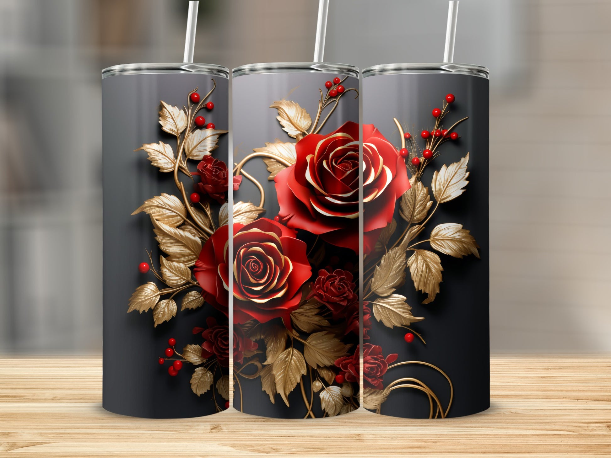 Three tumblers featuring red roses and gold leaves on a dark background.