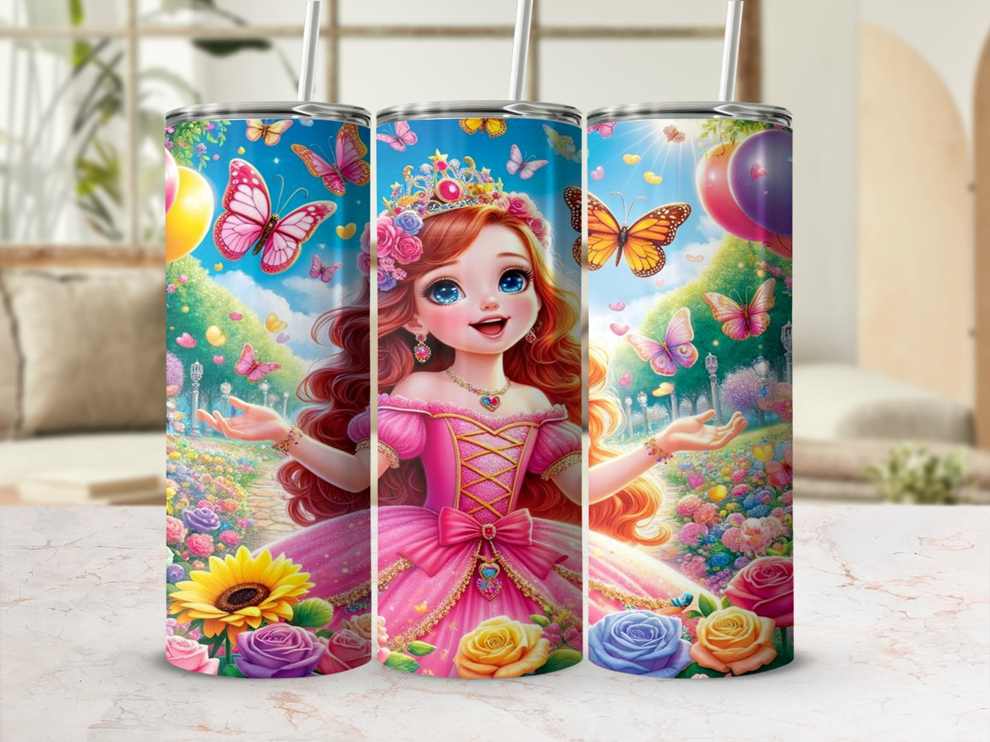 Colorful Princess with Butterflies and Flowers Tumbler
