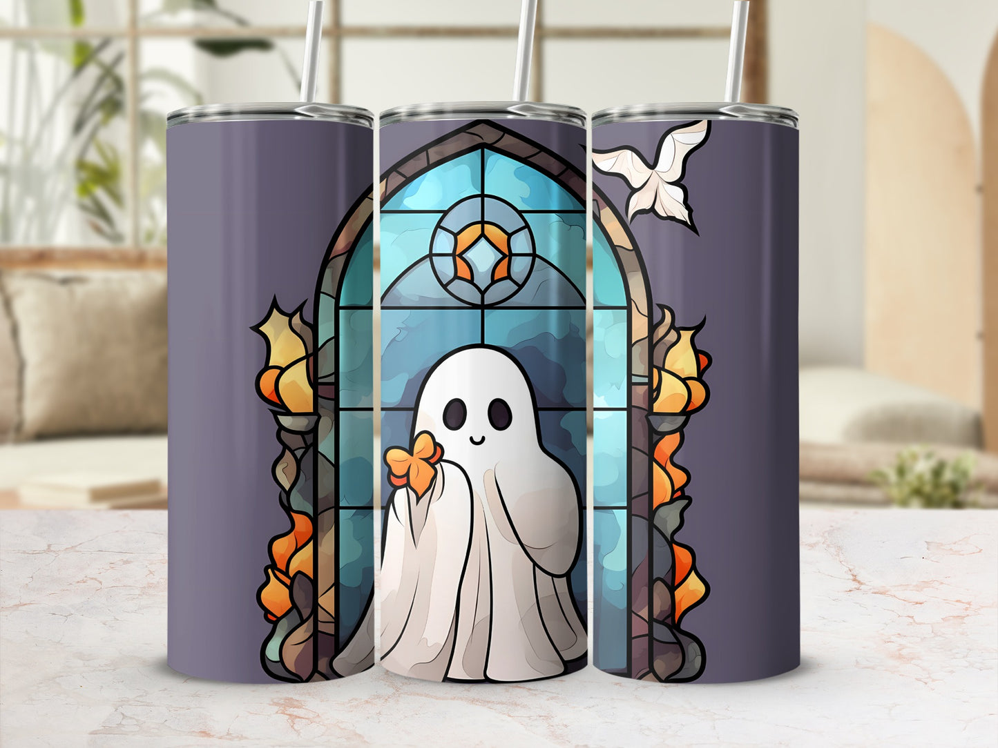Ghost in stained glass window with floral accents, light purple background.
