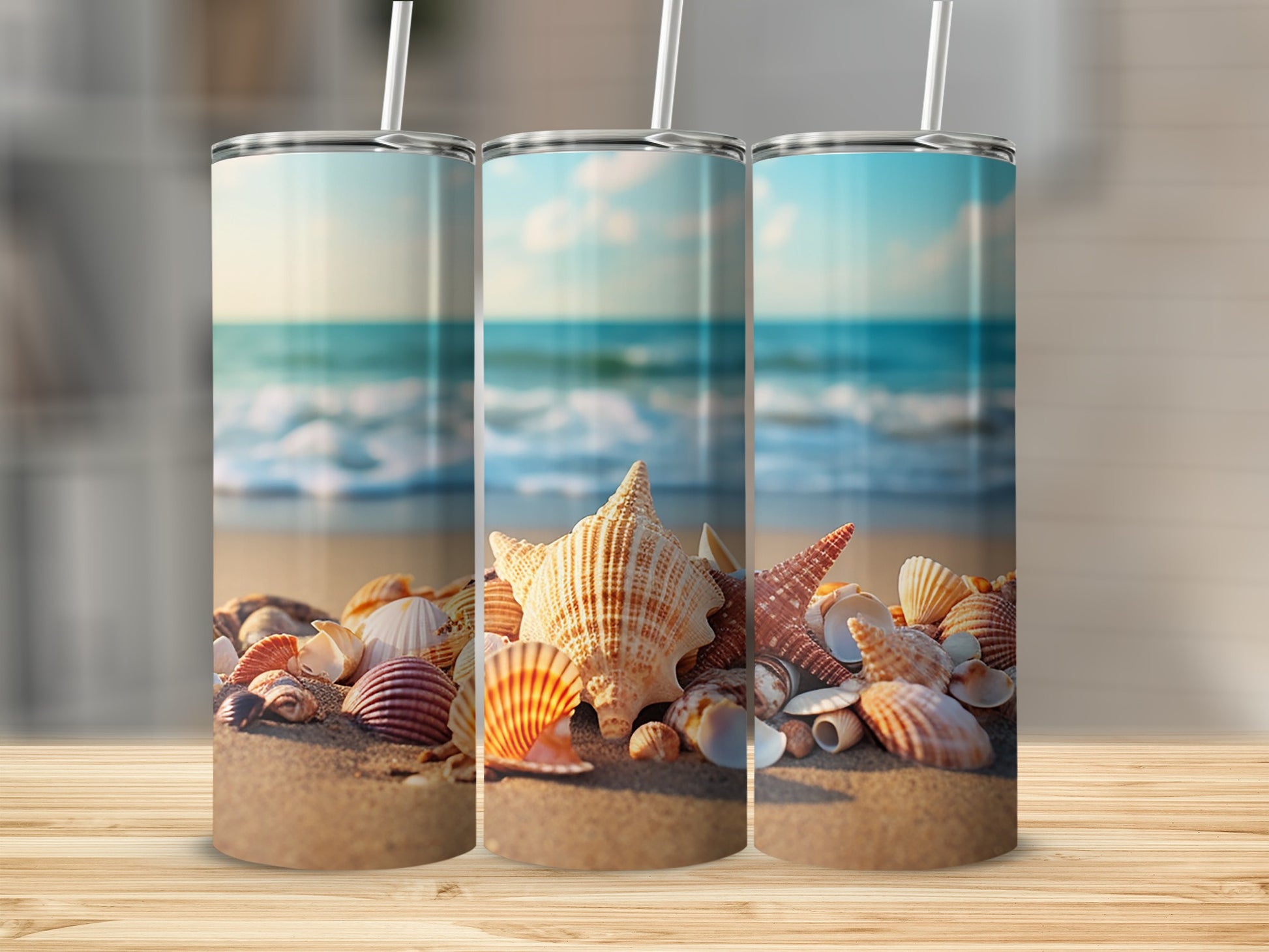 Coastal Beach Scene Seashell Design Drinkware