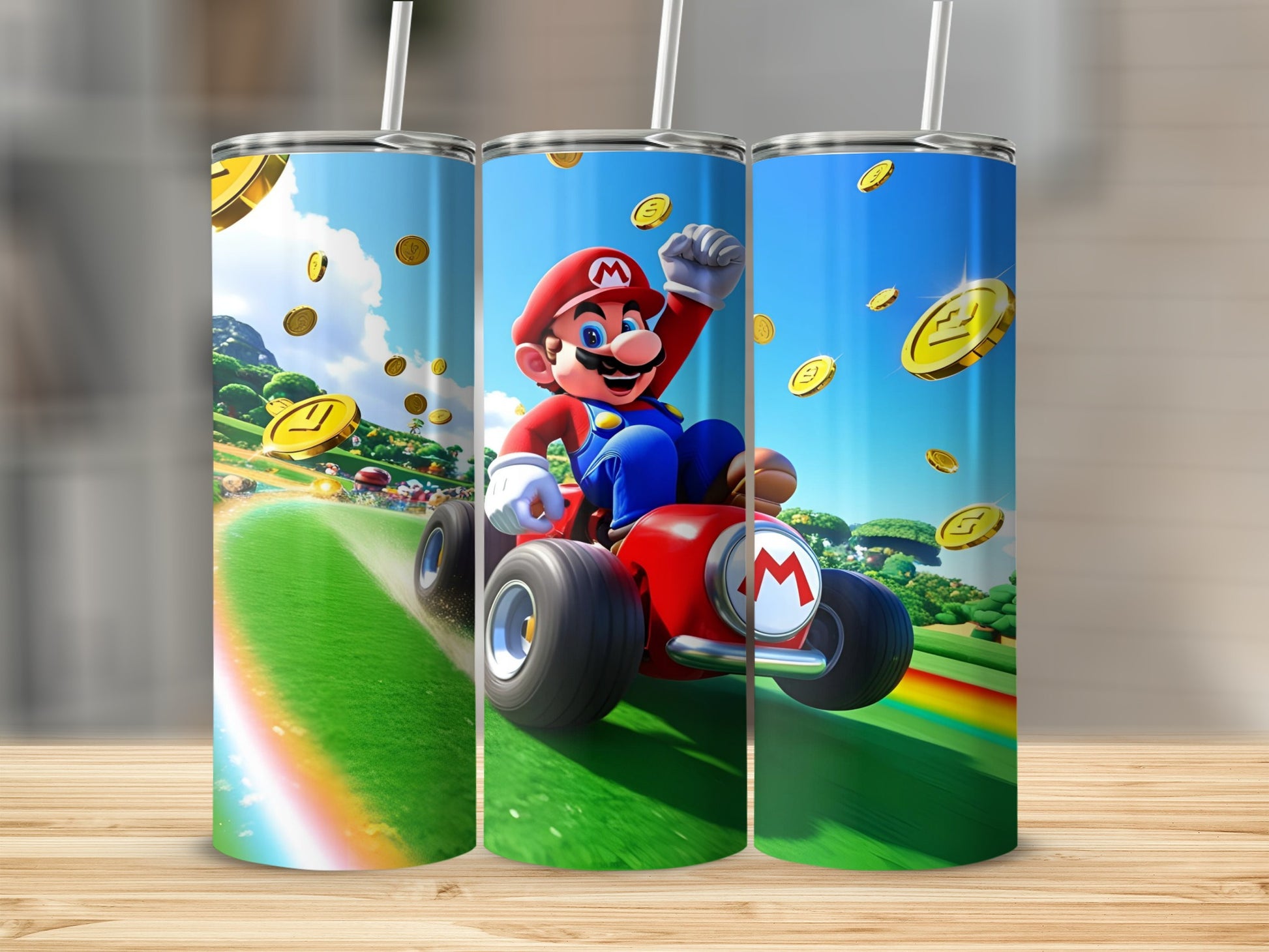 Mario in a red kart races on a rainbow road with gold coins.