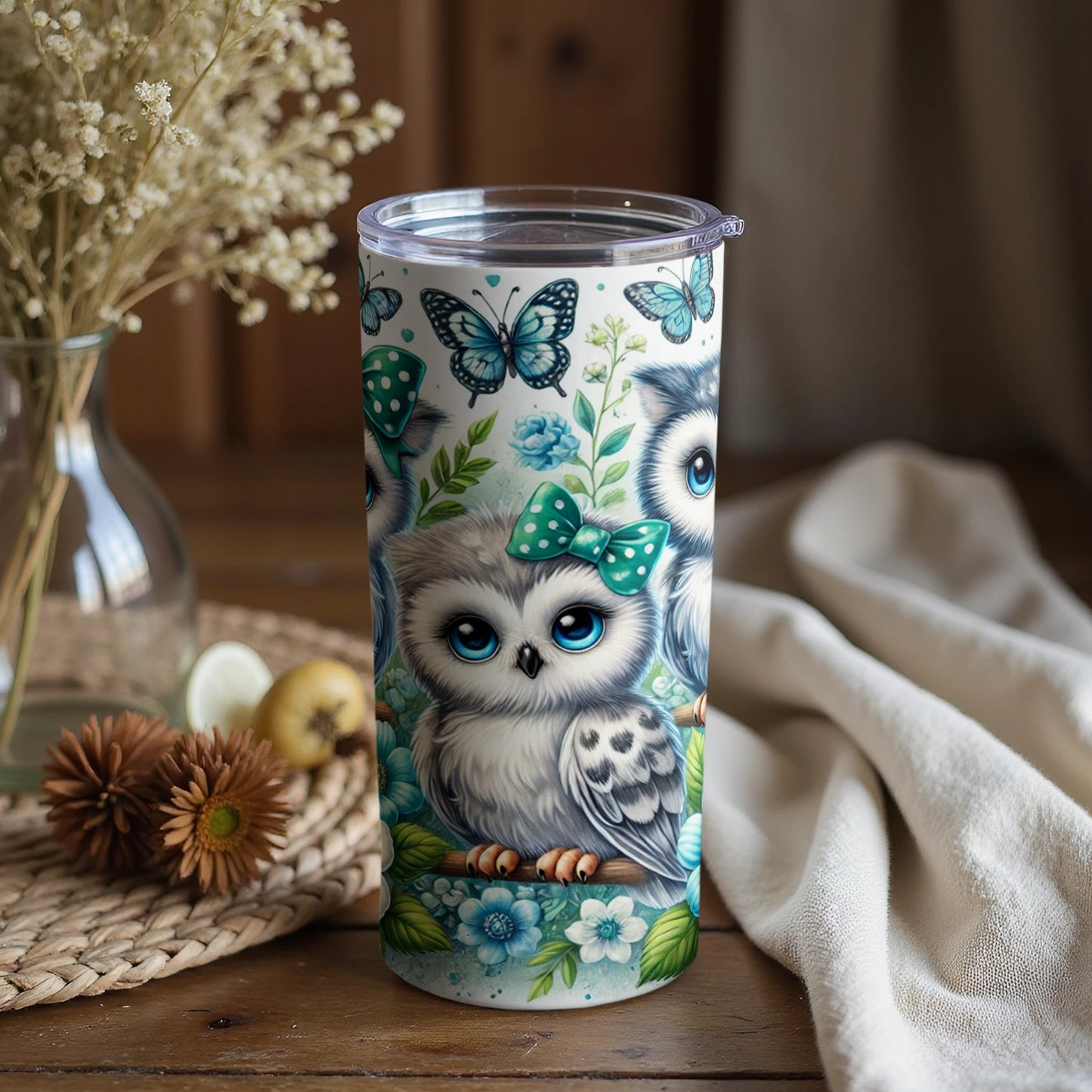 Cute Owl and Butterfly Print Tumbler with Lid Tumbler