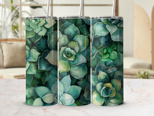 Three tumblers featuring a green succulent plant pattern on a marbled countertop.