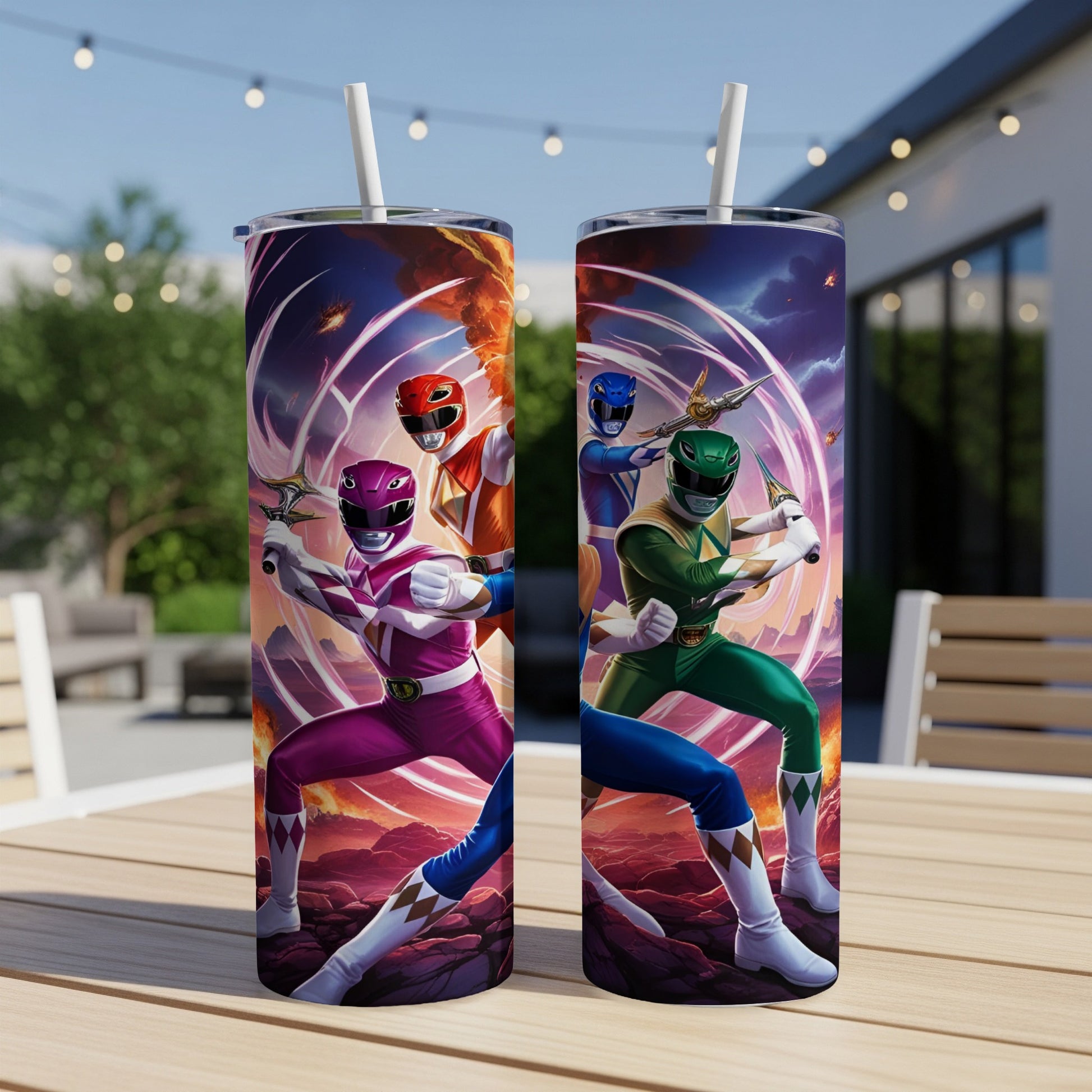 Two Power Ranger tumblers with colorful rangers in action poses.