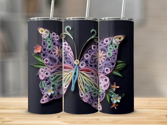 Three tumblers featuring a detailed purple butterfly made of quilled paper.