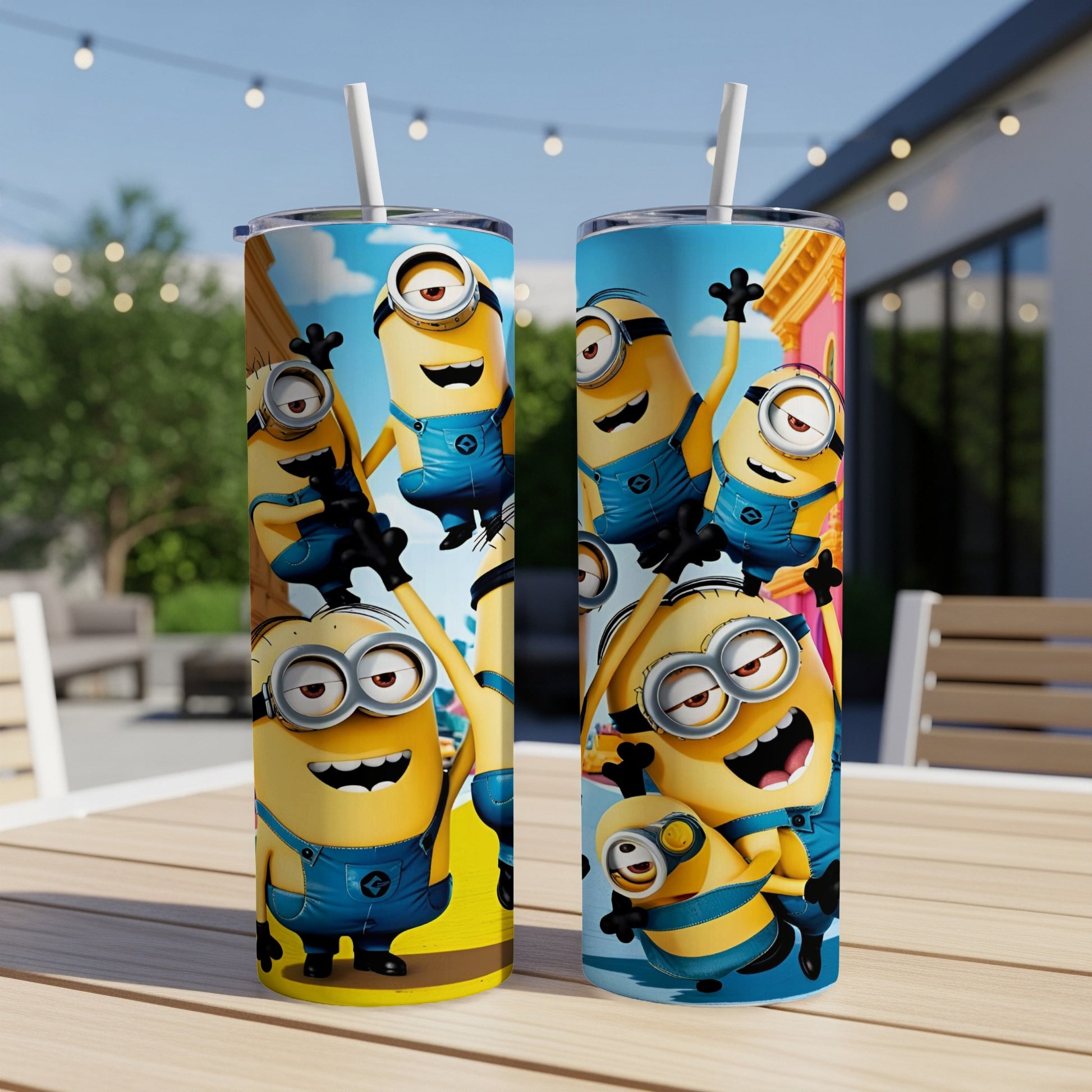 Minions characters on two tall tumblers with straws.