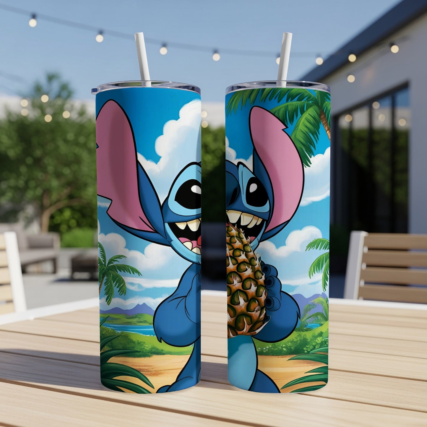 Stitch character holding a pineapple, on a tropical background.