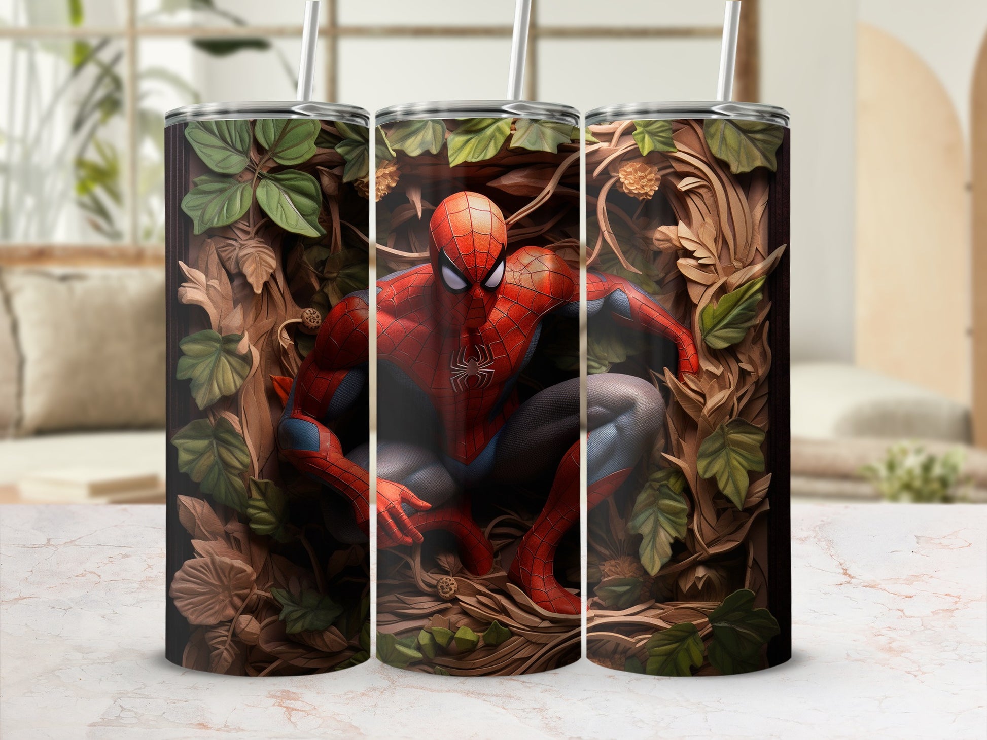 Spider-Man Tumbler with Detailed Leaf Design