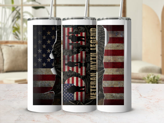 Distressed US flag tumbler with "VETERAN MYTH LEGEND" text and silhouette of soldier.