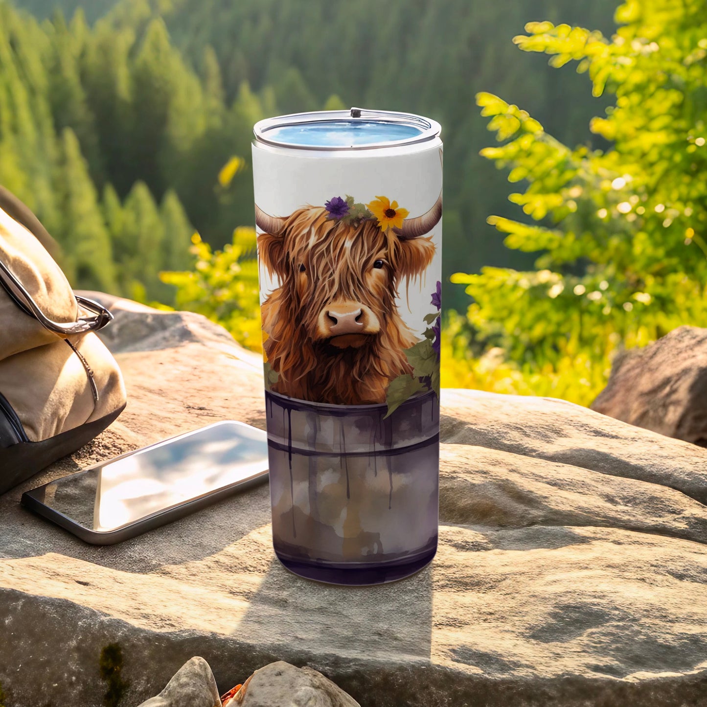 Adorable Highland Cow with Flowers Design Tumbler