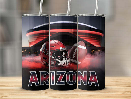 Arizona football helmet and ball with stadium background