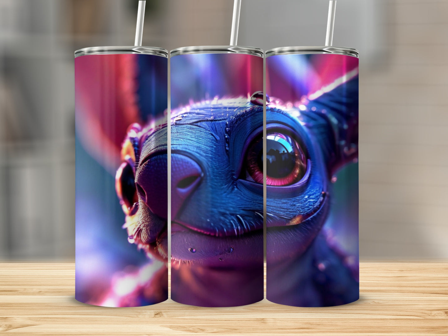 Three Stitch character tumblers with straws on a wooden surface.