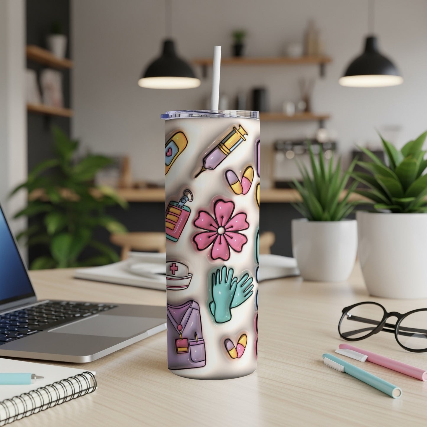 Nurse-themed tumbler with medical icons, stethoscope, and scrubs.