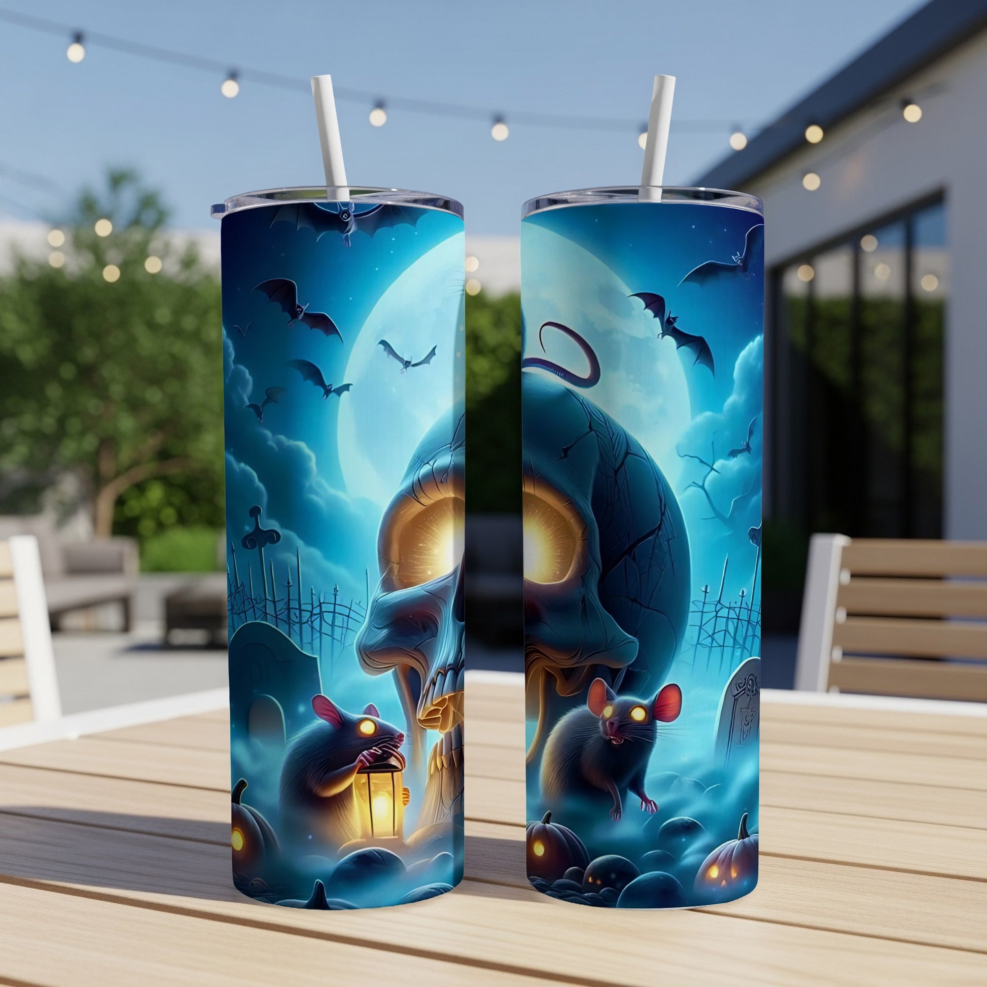 Halloween tumblers with skull, bats, rats, pumpkins, and gravestones under a full moon.