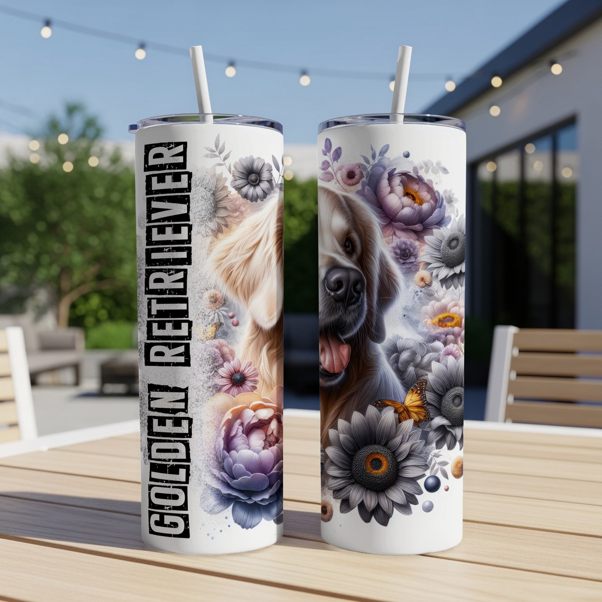 Golden Retriever with floral designs on a white tumbler.