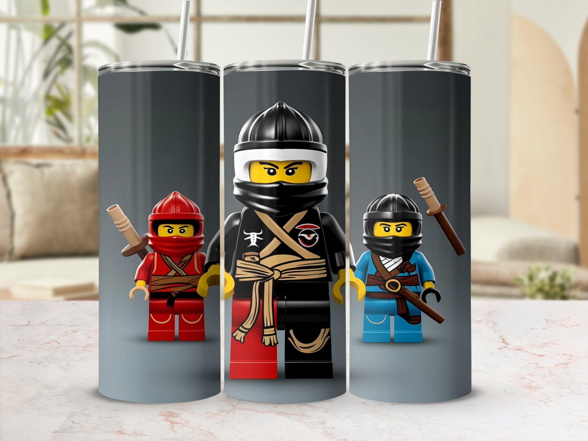 Three Lego Ninjago characters in a row, one red, one black, one blue.