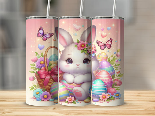 Bunny with Easter basket and colorful eggs.