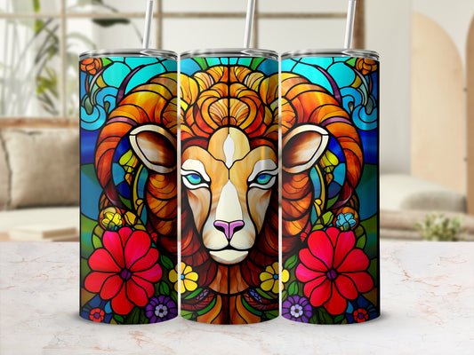 Stained glass-style ram with floral accents on a tumbler.