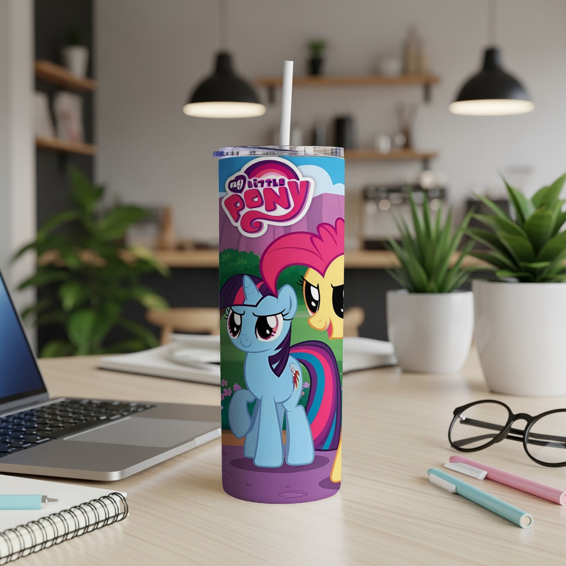 My Little Pony characters Twilight Sparkle and Pinkie Pie on a colorful tumbler.