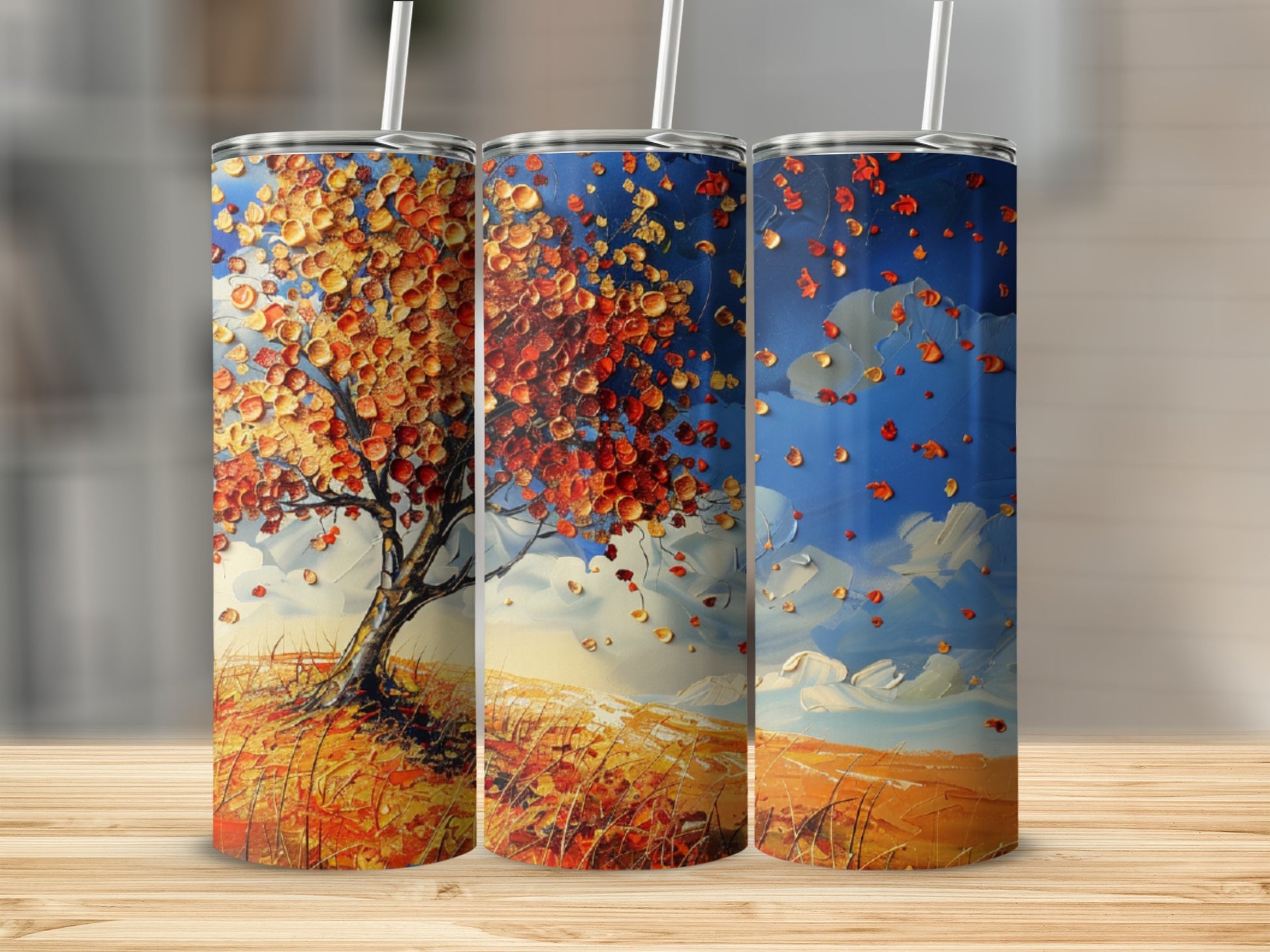 Abstract autumn tree with falling leaves on a blue sky background.
