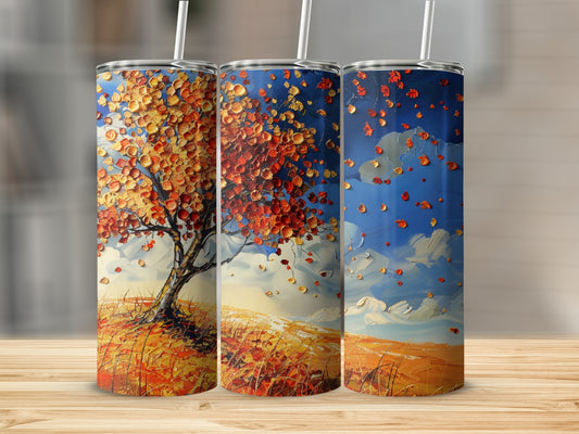 Abstract autumn tree with falling leaves on a blue sky background.