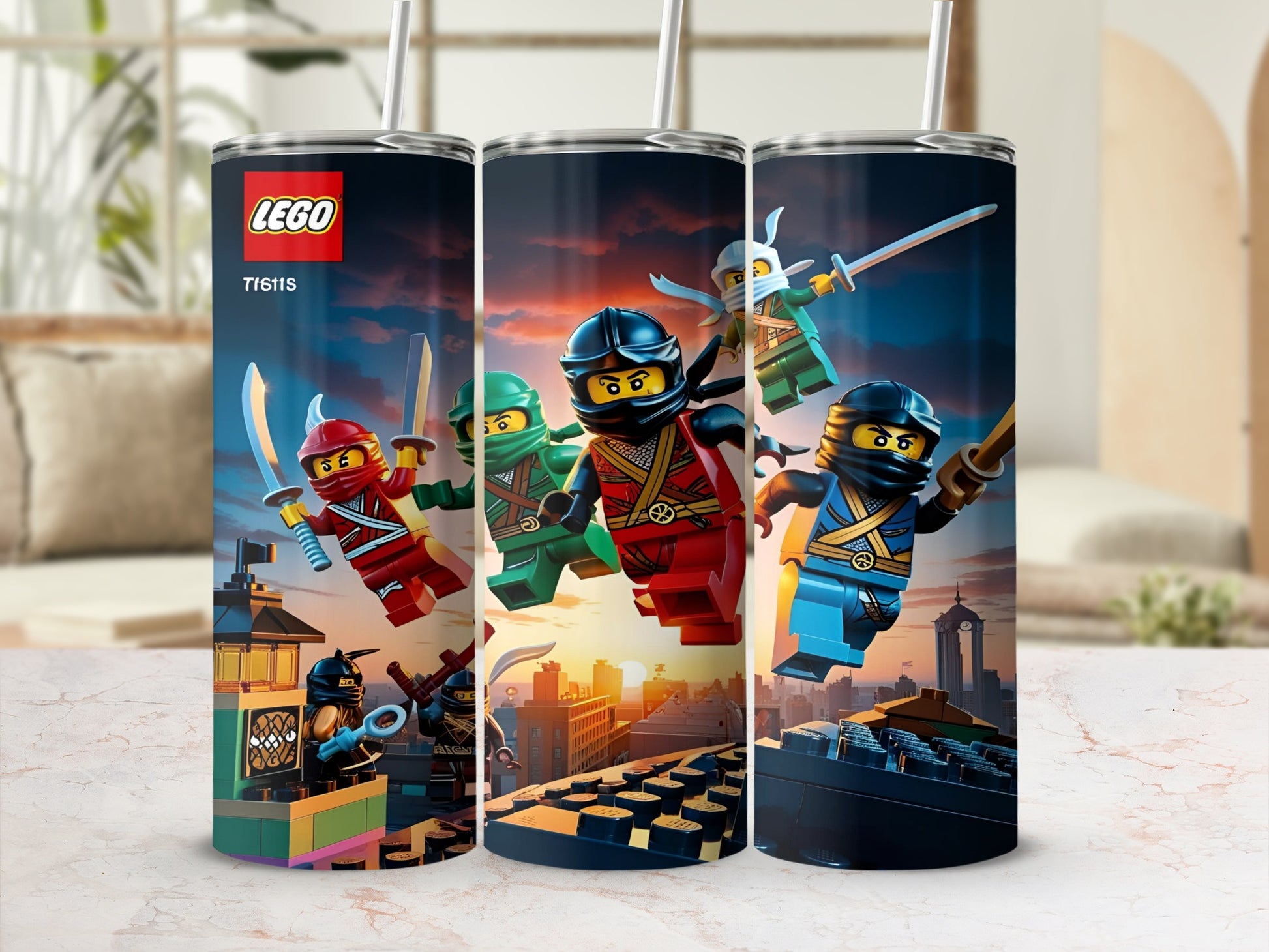 LEGO Ninjago characters with swords on a cityscape background.