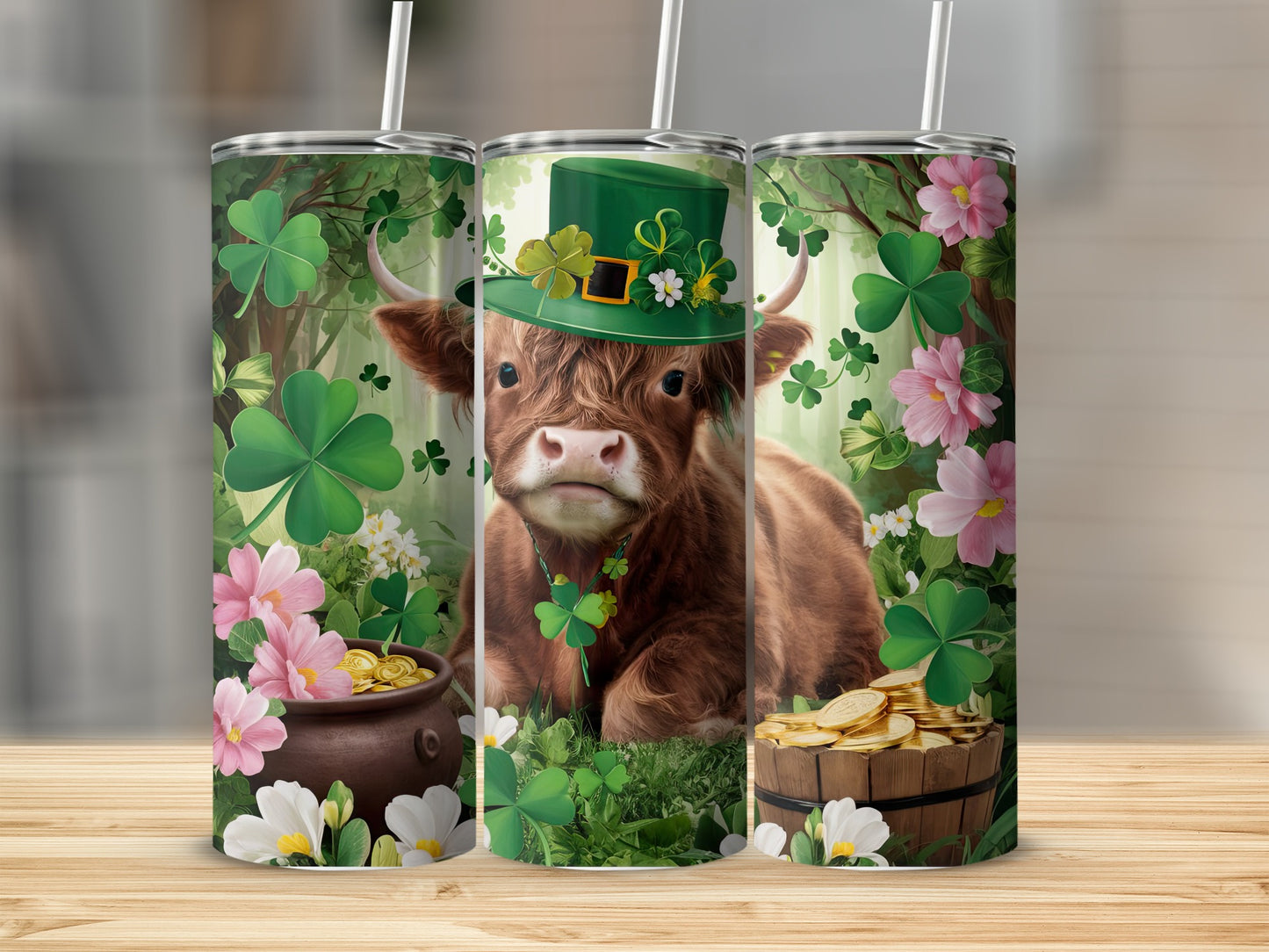 Highland cow wearing a green hat with clover, holding gold coins.
