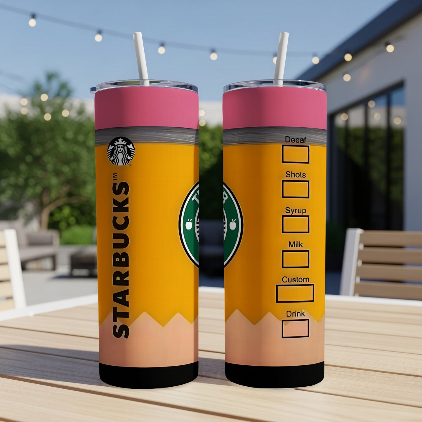 Starbucks pencil-themed tumbler with drink customization options.
