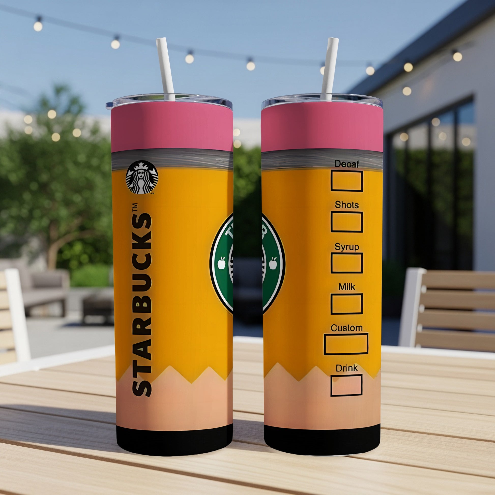 Starbucks pencil-themed tumbler with drink customization options.