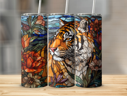 Stained glass tiger with floral accents on a tumbler.