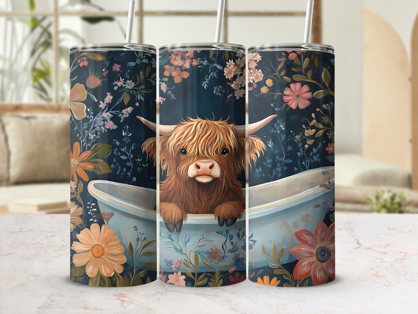 Highland Cow in Bathtub Floral Print Tumbler Cup