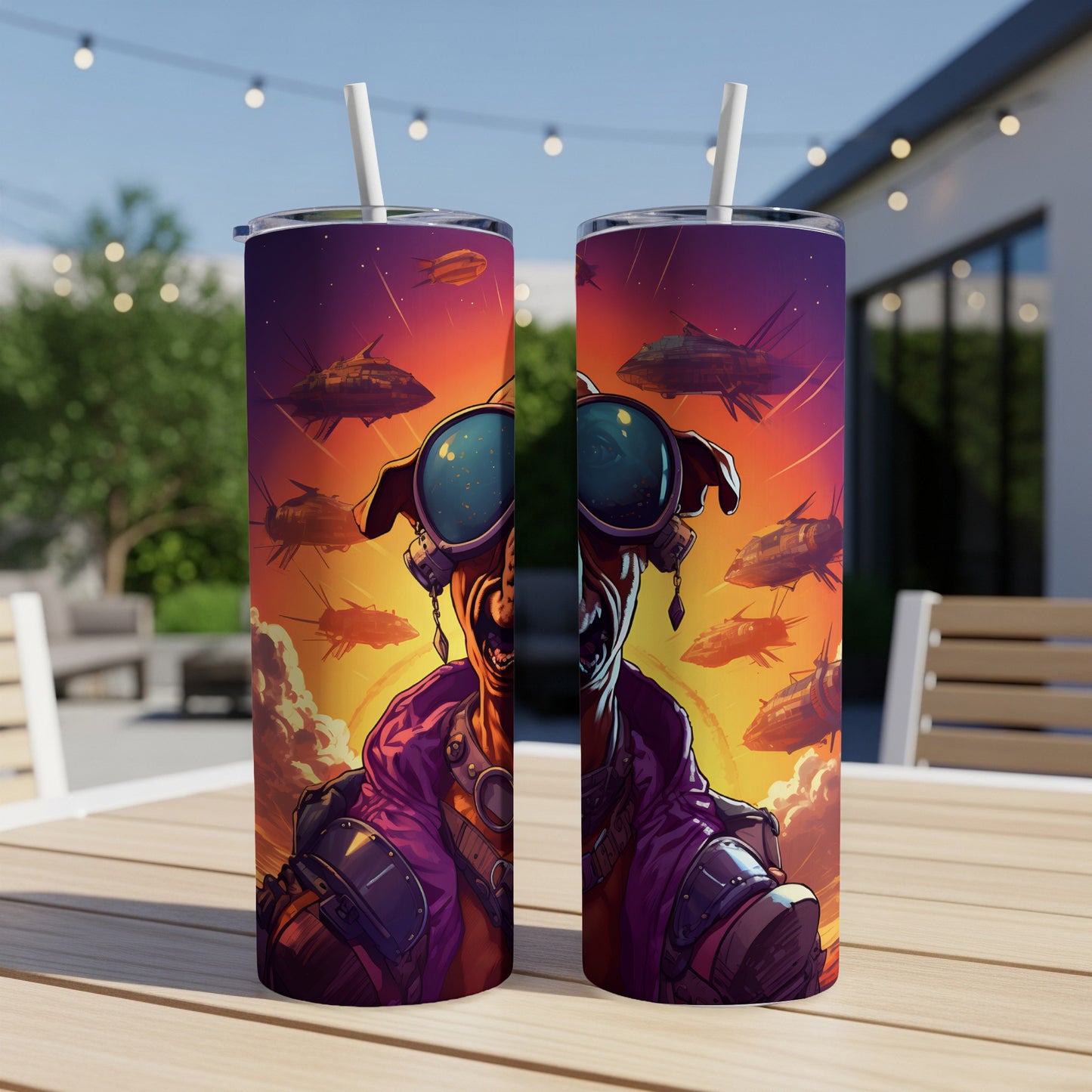 Two tumblers featuring a punk-style character with goggles and flying spacecraft.