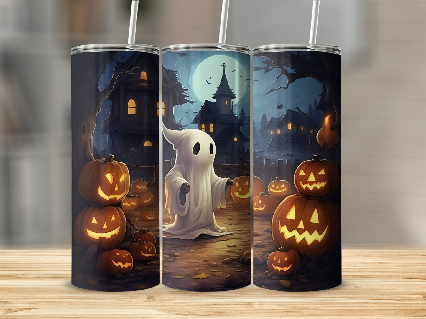 Ghost and jack-o'-lanterns on Halloween-themed tumblers with spooky house background.