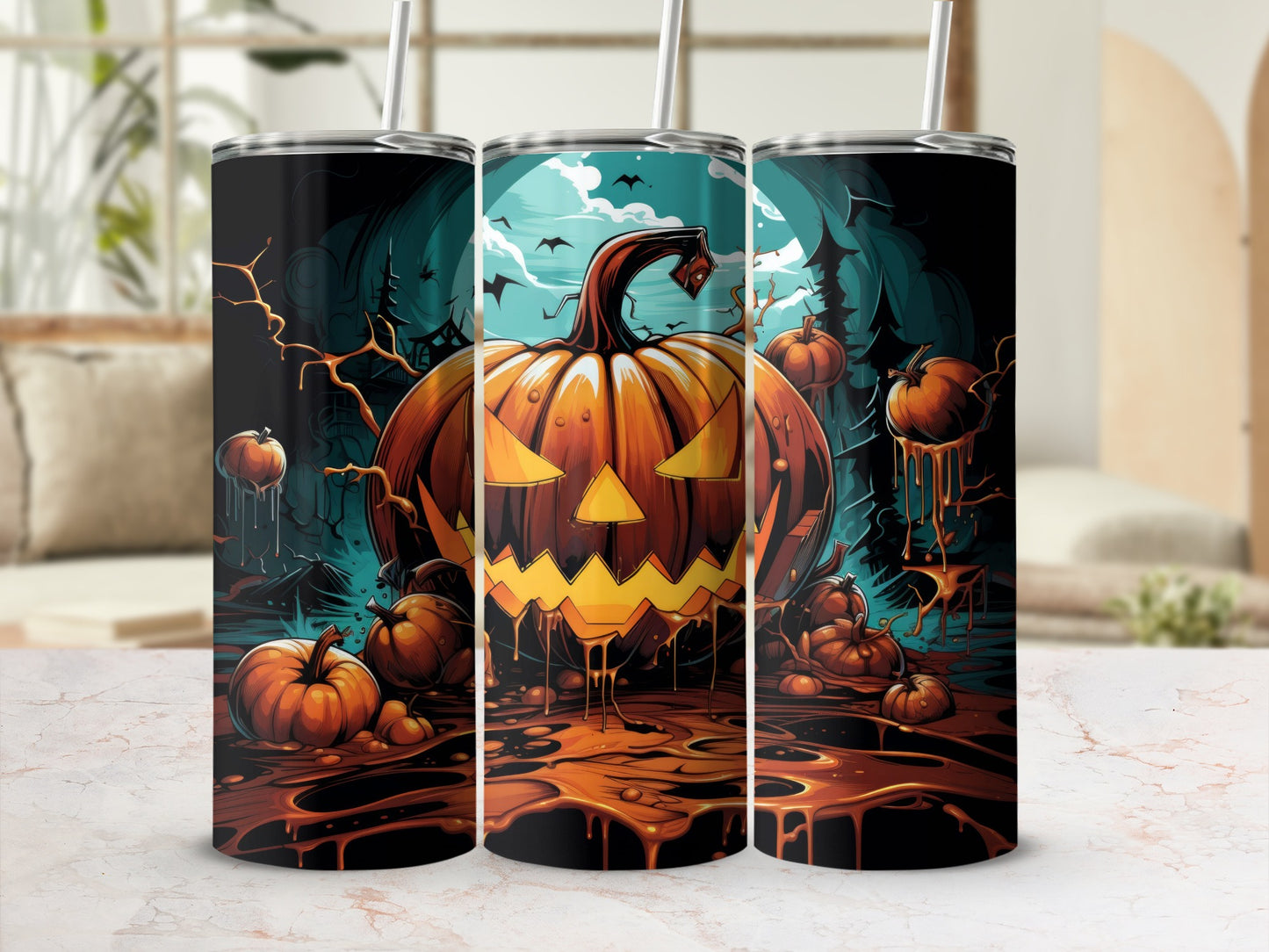 Halloween tumbler with a jack-o-lantern and dripping pumpkin details.