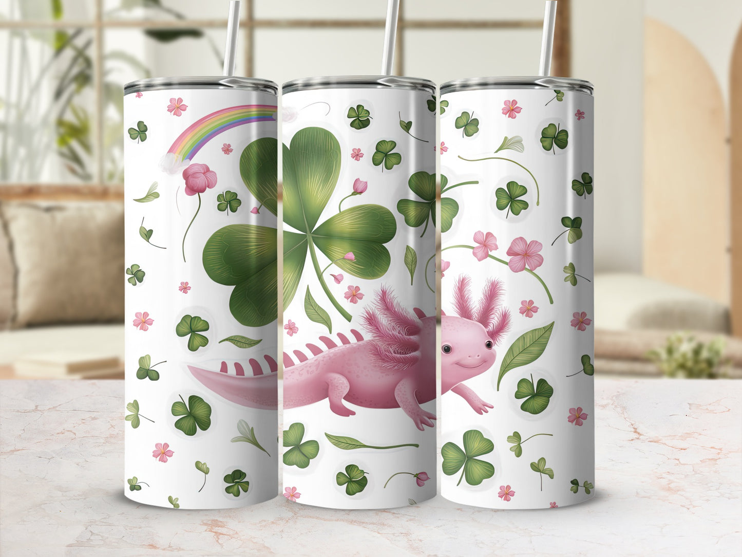 Pink axolotl with shamrocks and rainbow pattern on a tumbler.