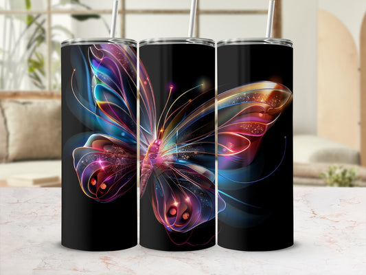 Three black tumblers featuring a colorful, glowing butterfly design.