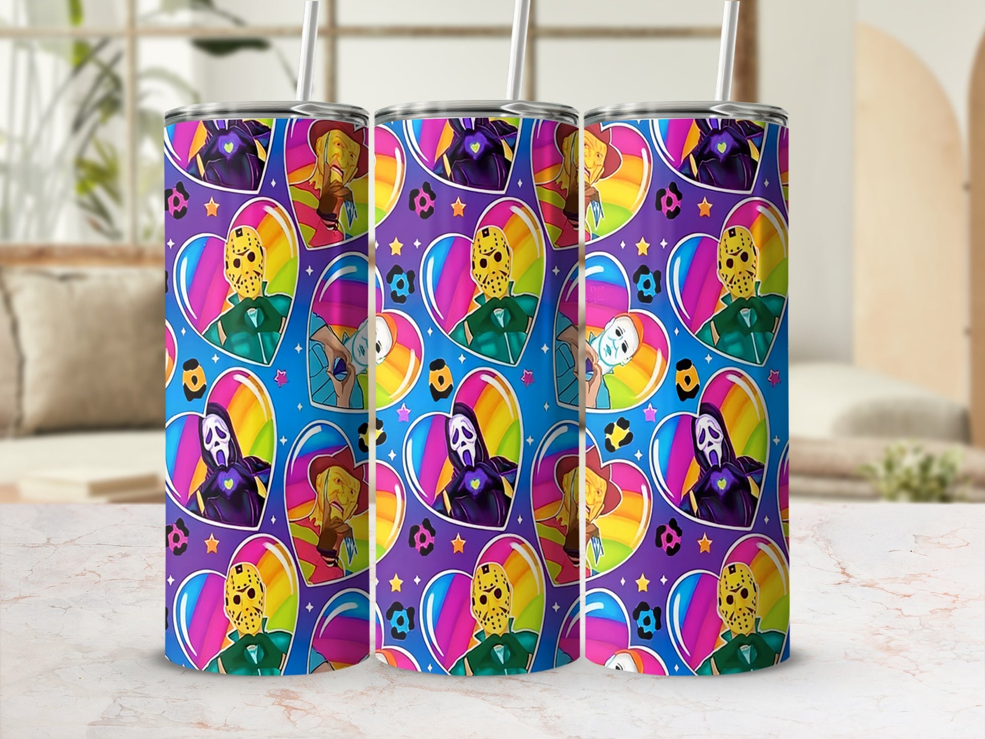 Tumbler with horror character icons and rainbow hearts pattern.