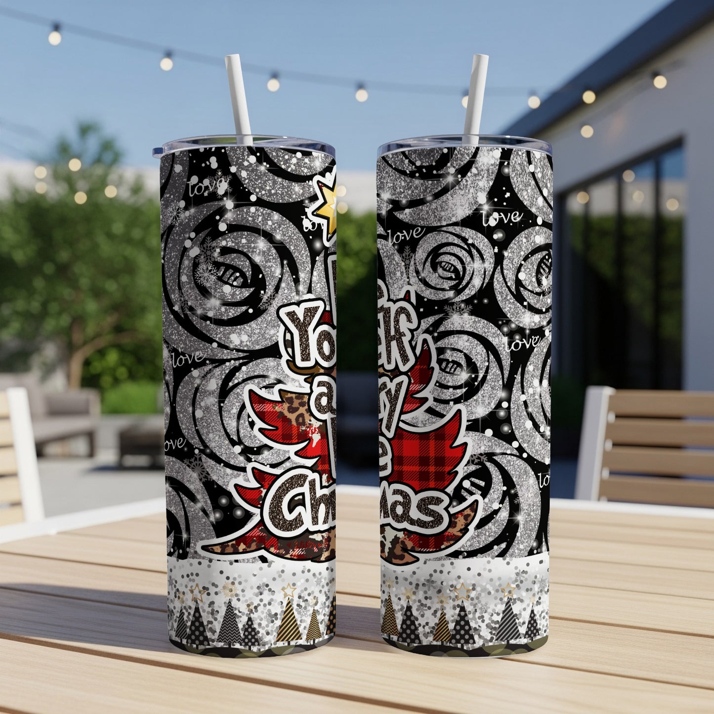 Two tumblers with "Your Jingle Bell Christmas" text and festive patterns.