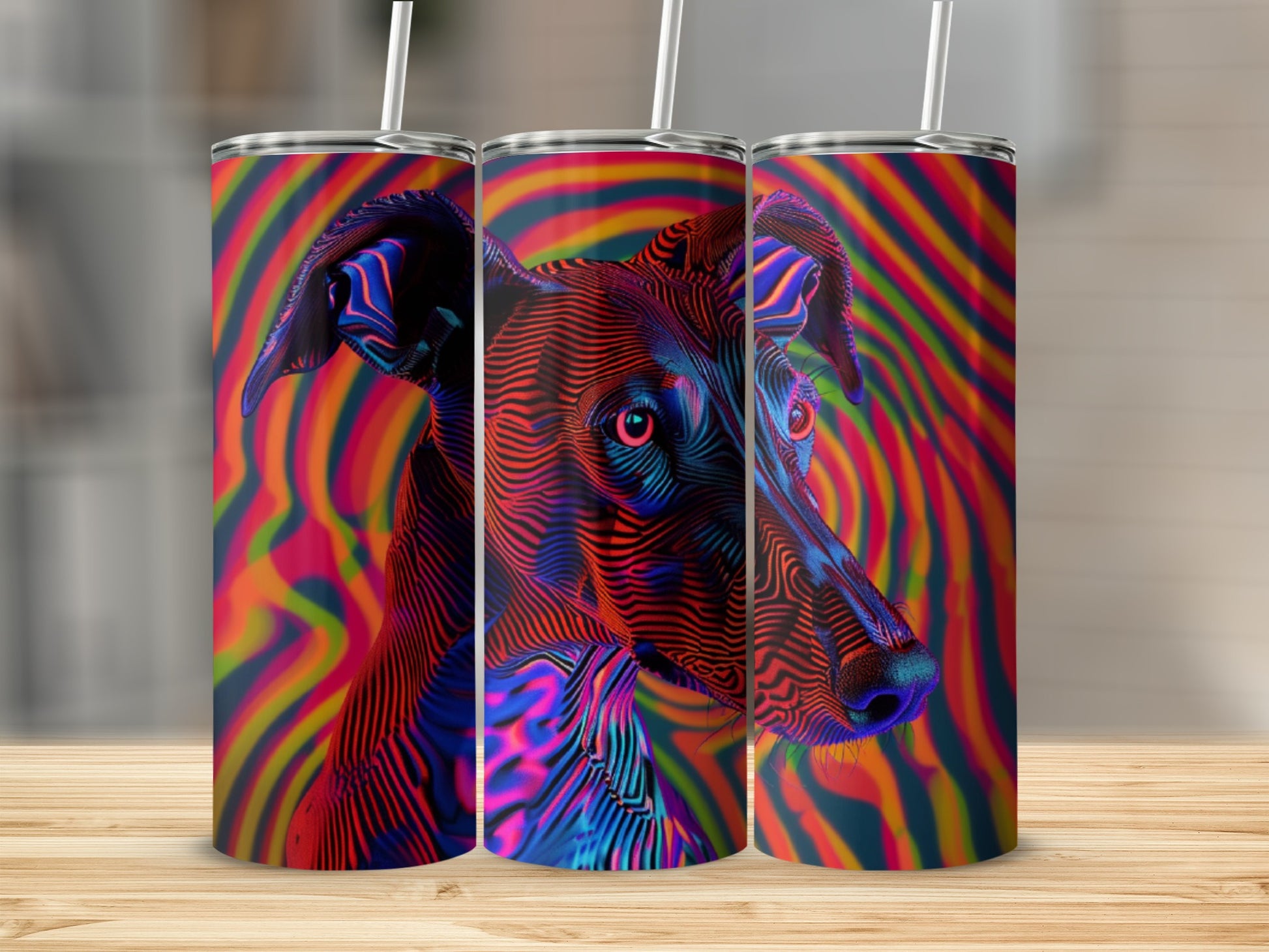Triptych of a greyhound head with psychedelic rainbow wavy background.
