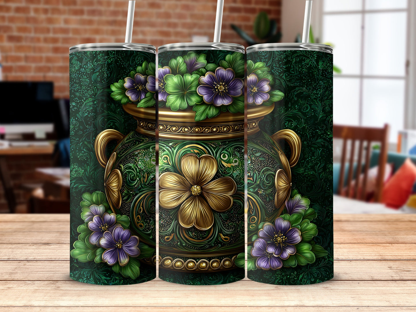 Intricate Floral Design Green and Gold Tumbler Product