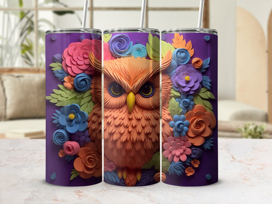Purple tumbler with orange owl and floral design.