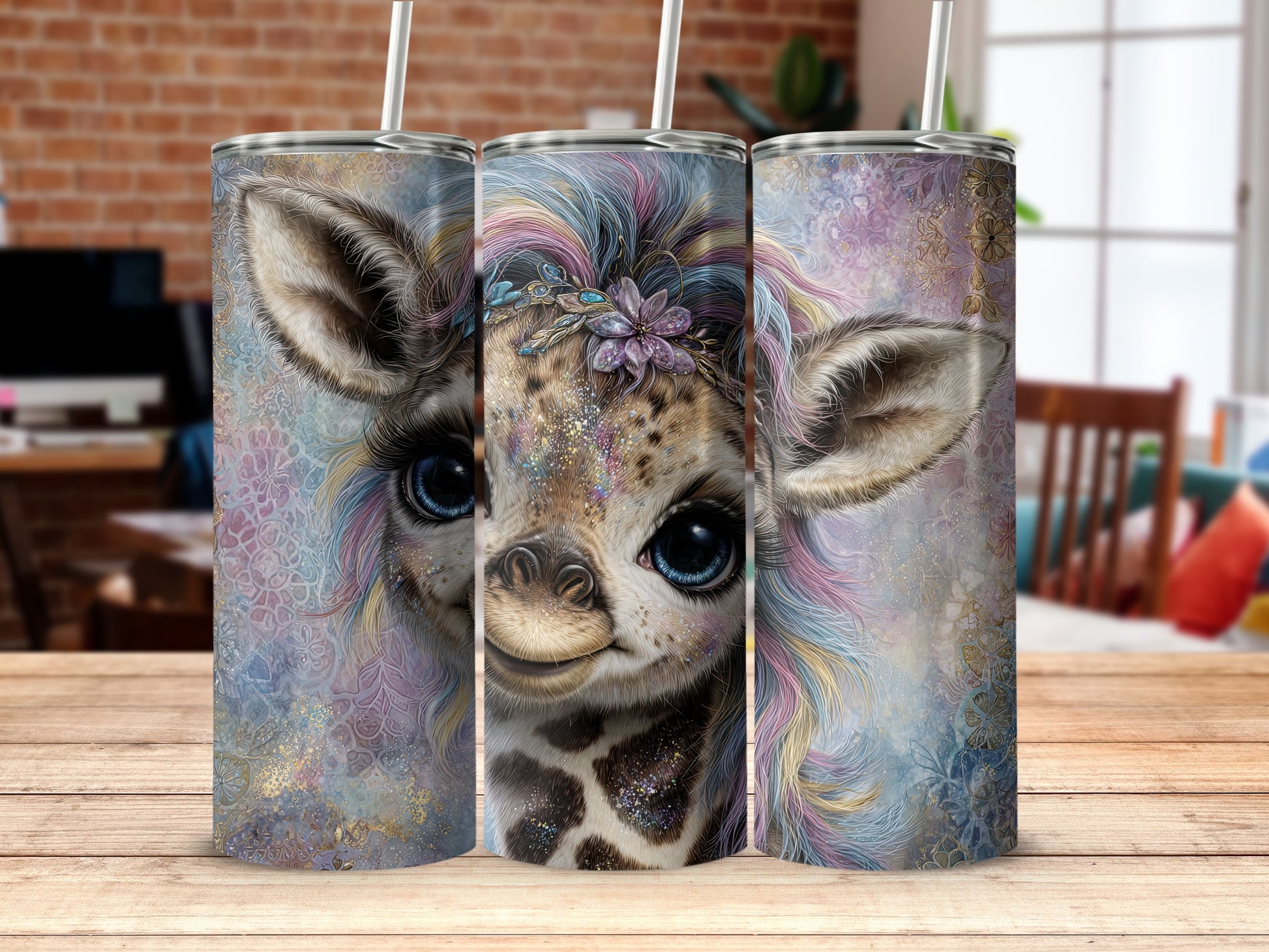 Adorable Giraffe Tumbler with Rainbow Hair Art Design