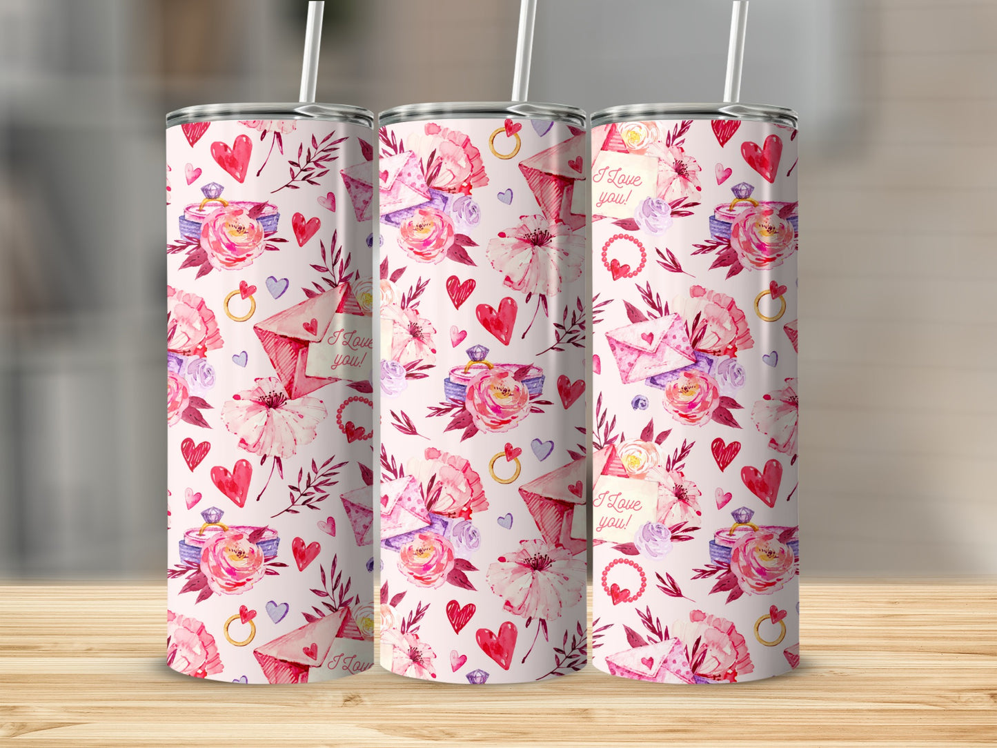 Floral Hearts Romantic Design Tumbler with Straw
