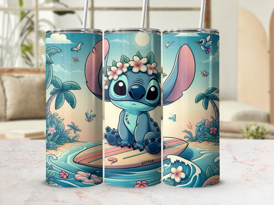 Cute Tropical Surfing Stitch Tumbler Design with Flowers