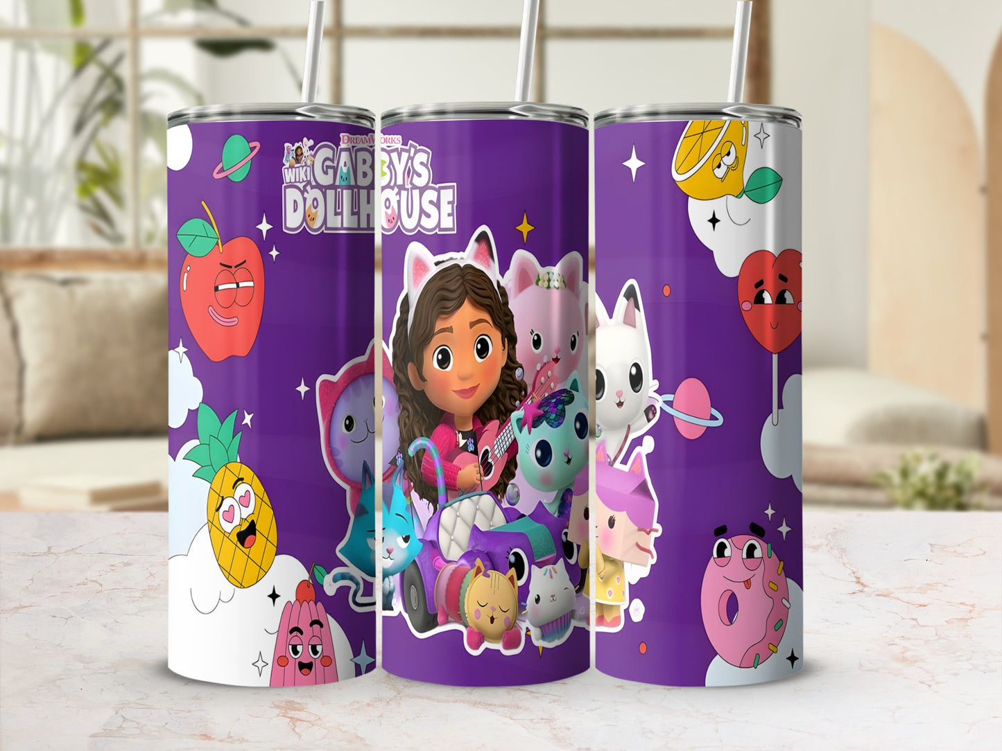 Gabby's Dollhouse design on three tumblers featuring Gabby and cat characters.